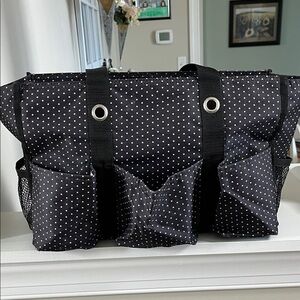 THIRTY-ONE Black Polka Dot Tote Bag with Multiple Pockets Waterproof